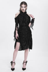 Black Off Shoulder Drawstring Jacquard Embroidery Women's Gothic Party Dress